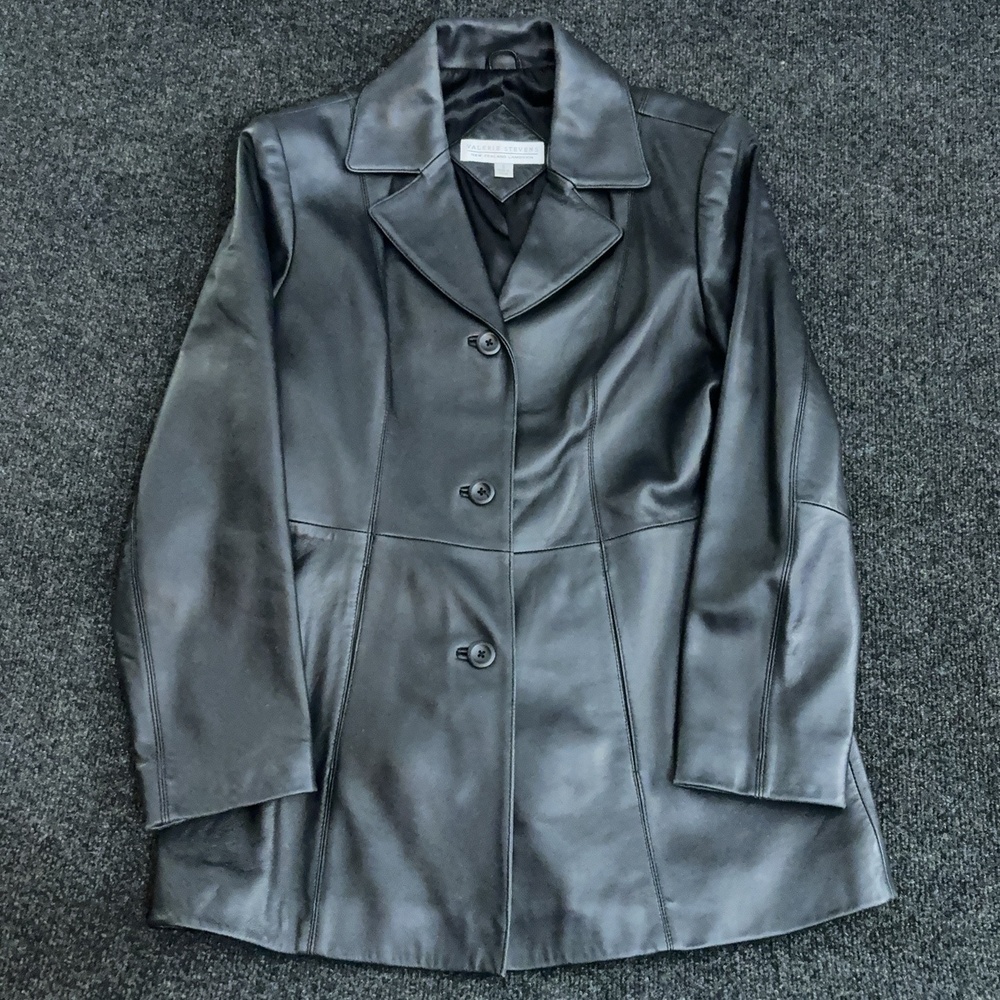 Valerie Stevens Coat Womens S Black Lambskin Leather Button Front Lined